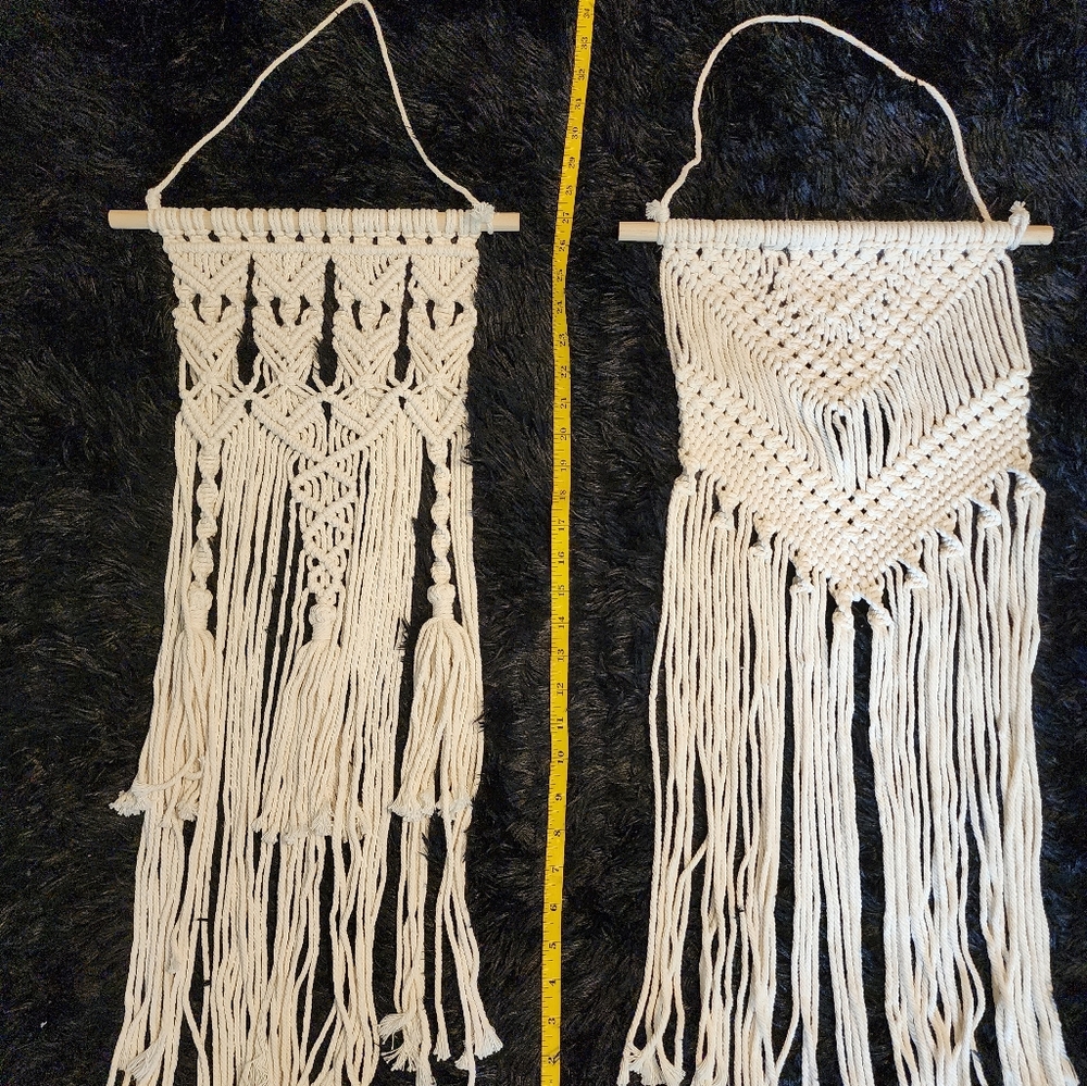 Two macrame wall hangings.